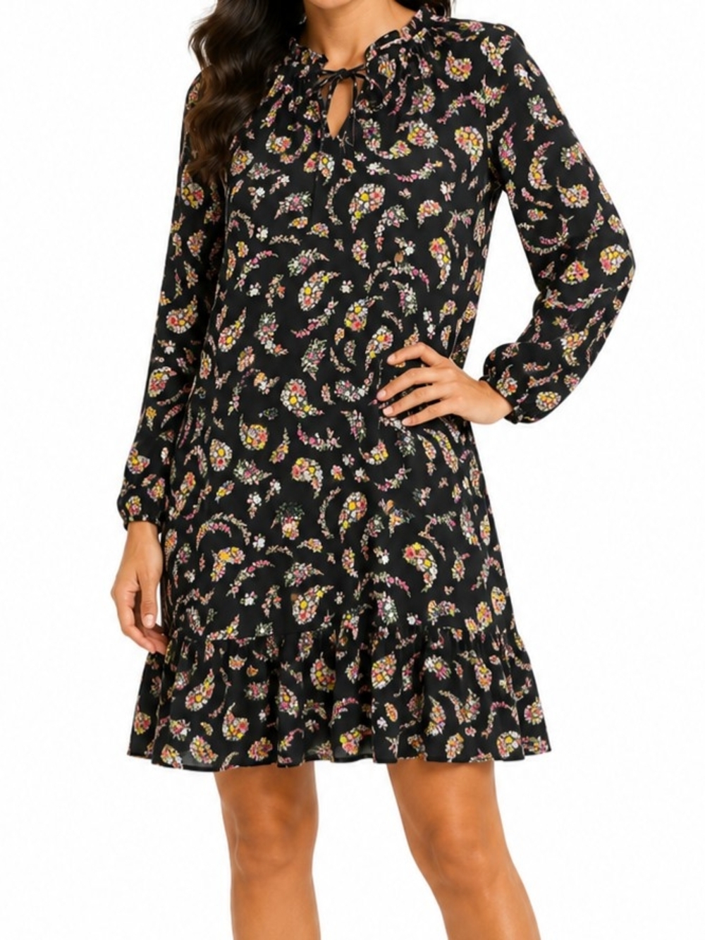 Old Navy Black Floral Long-Sleeve Ruffle Hem Dress NWT